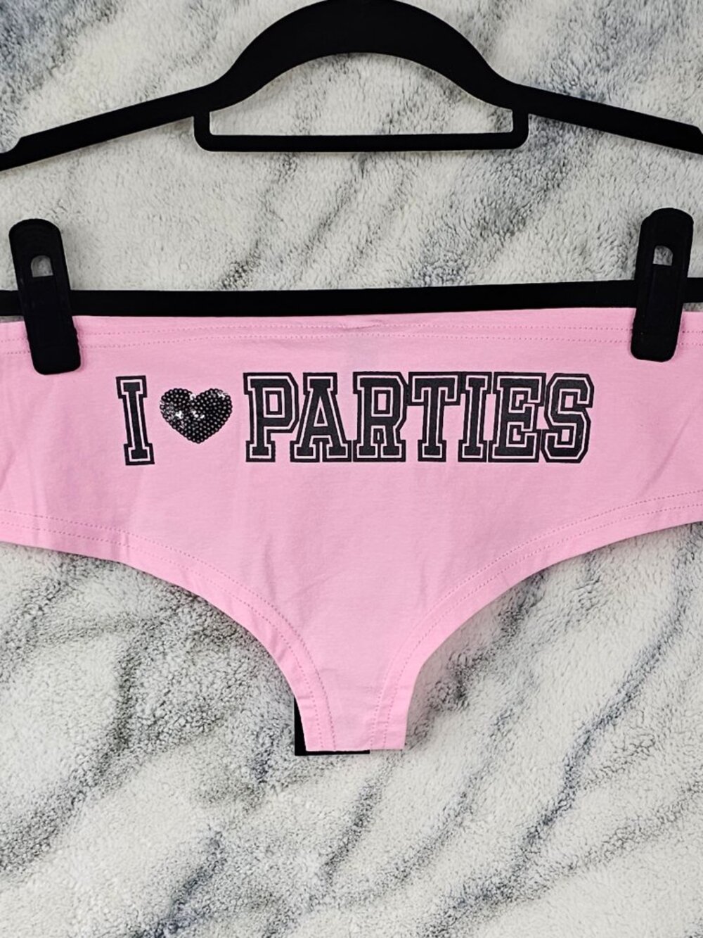 Dolls Kill DK Small I Heart Parties Sequin Pink Black Fun Party Panties Cheeky